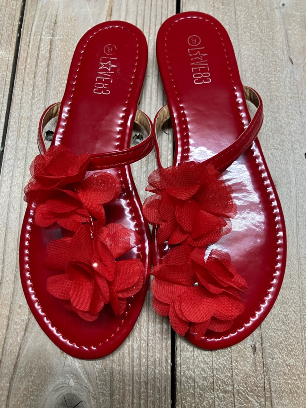 Red Floral Embellished Toe-Post Sandals by